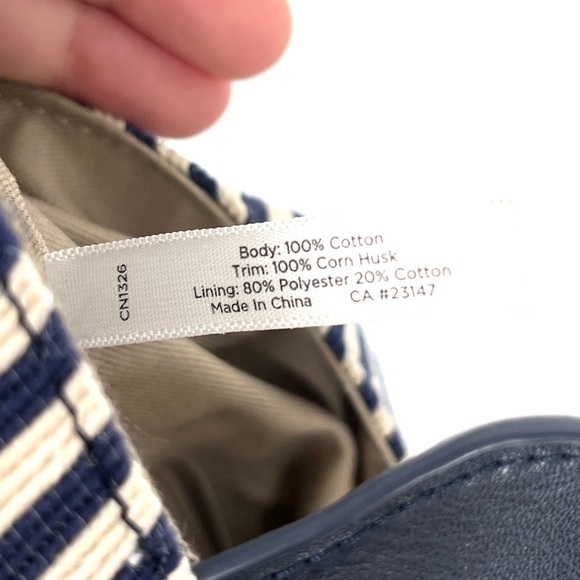 Talbots Navy Striped Canvas Corn Husk Straw Woven Bucket Bag Shoulder Purse - Picture 10 of 16